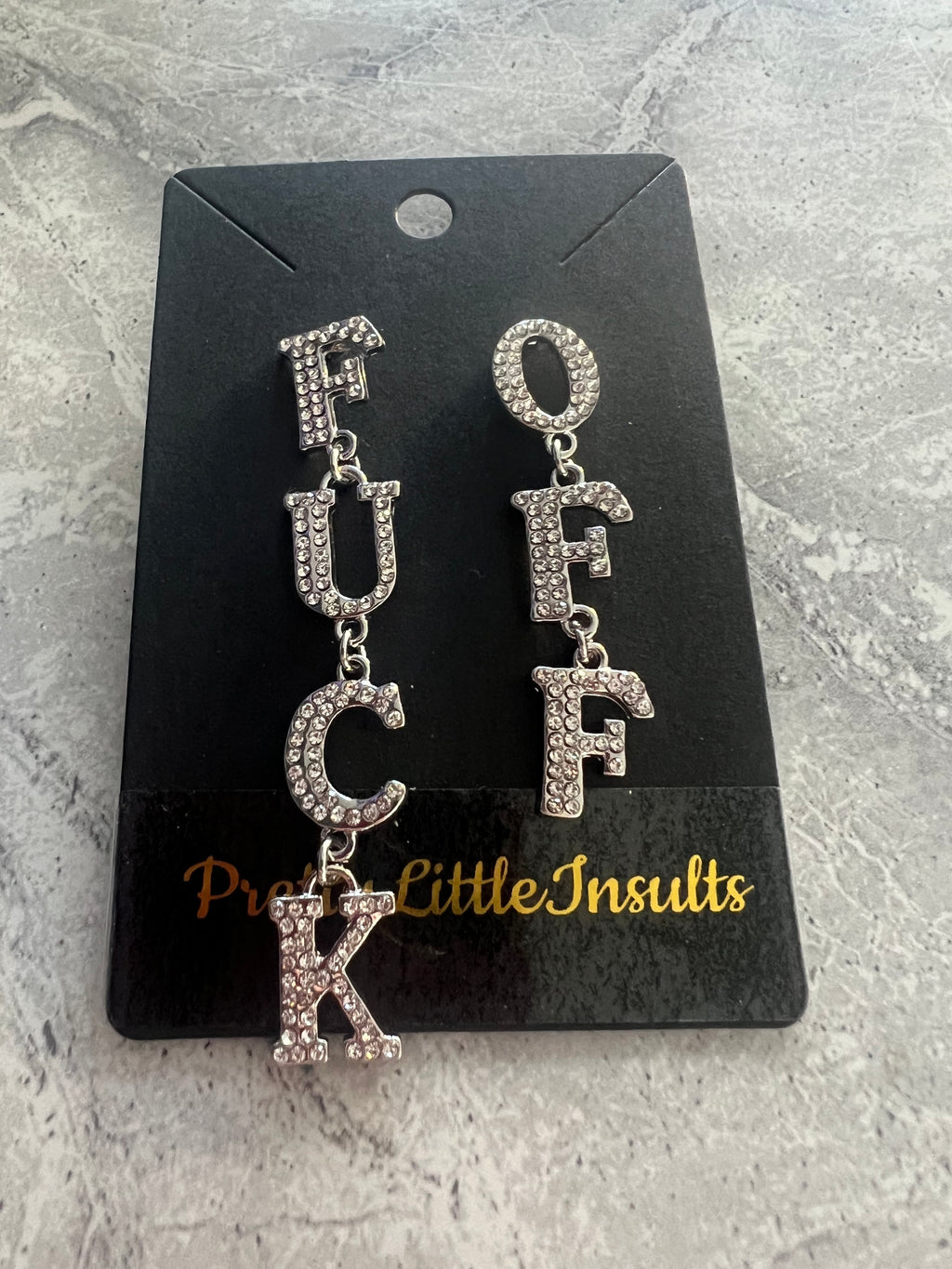 'Fuck Off’ Fun Dangle Diamanté Earrings - Silver Style 1 pair