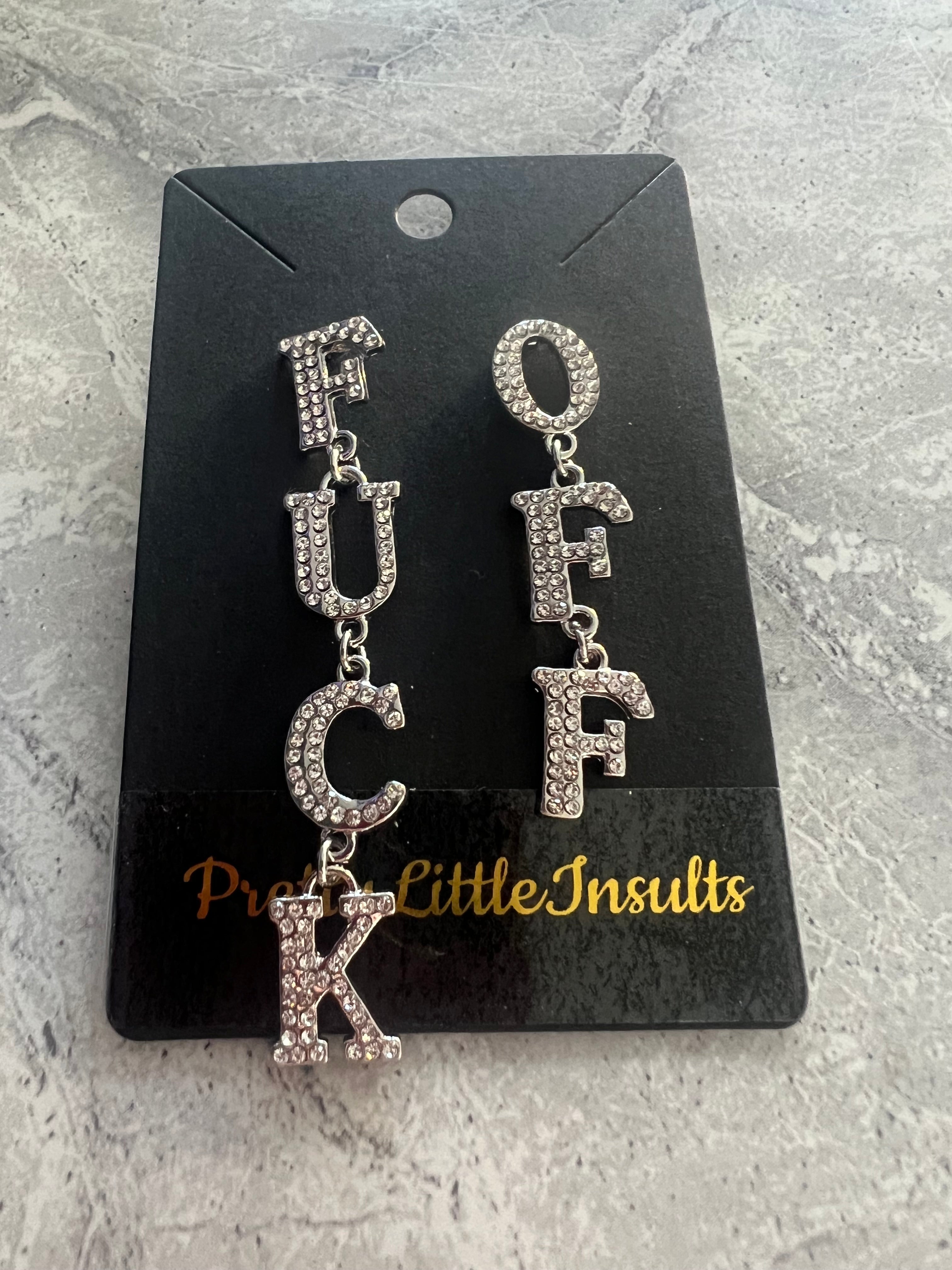 'Fuck Off’ Fun Dangle Diamanté Earrings - Silver Style 1 pair