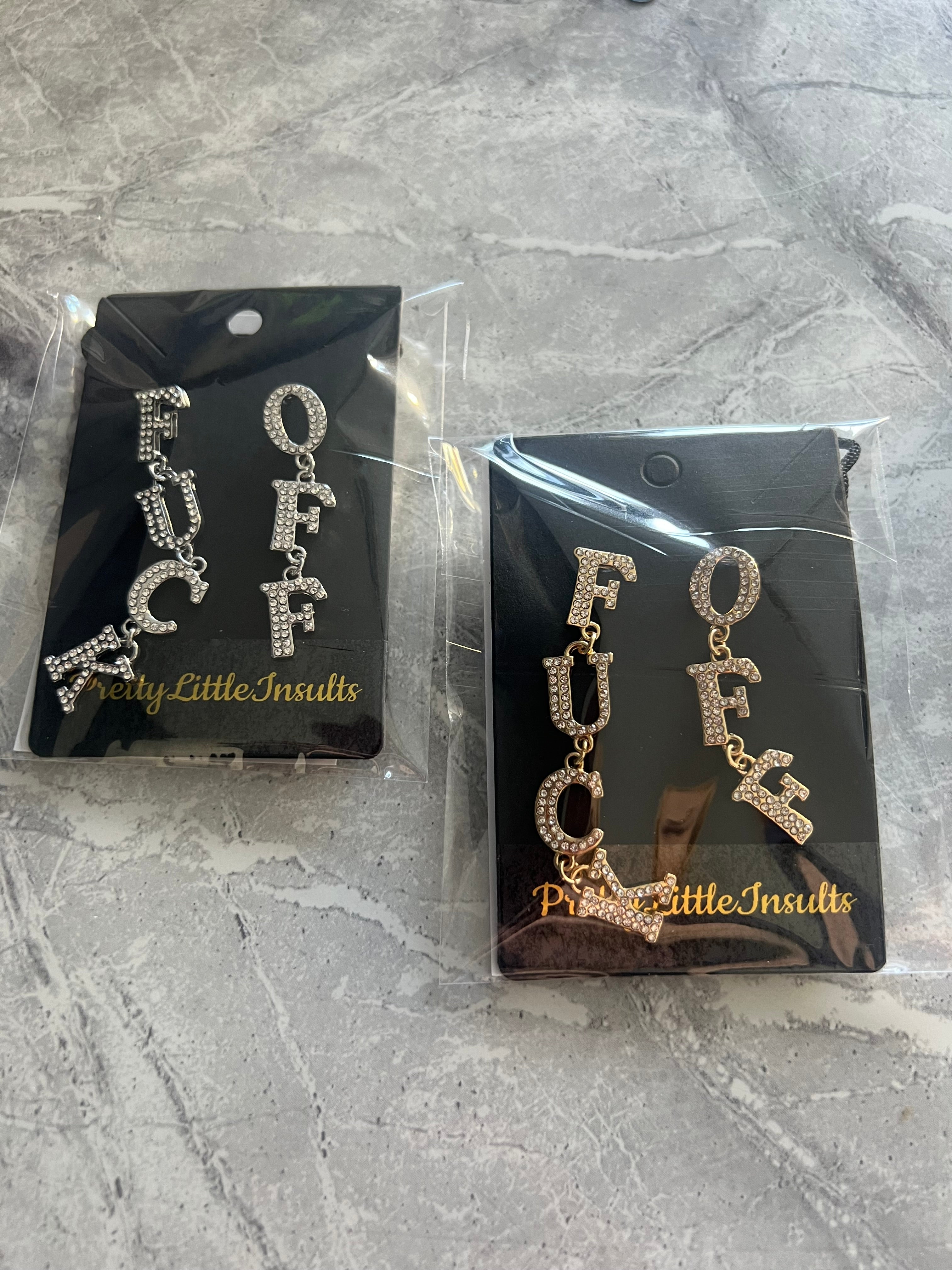 'Fuck Off’ Fun Dangle Diamanté Earrings - Silver Style 1 pair