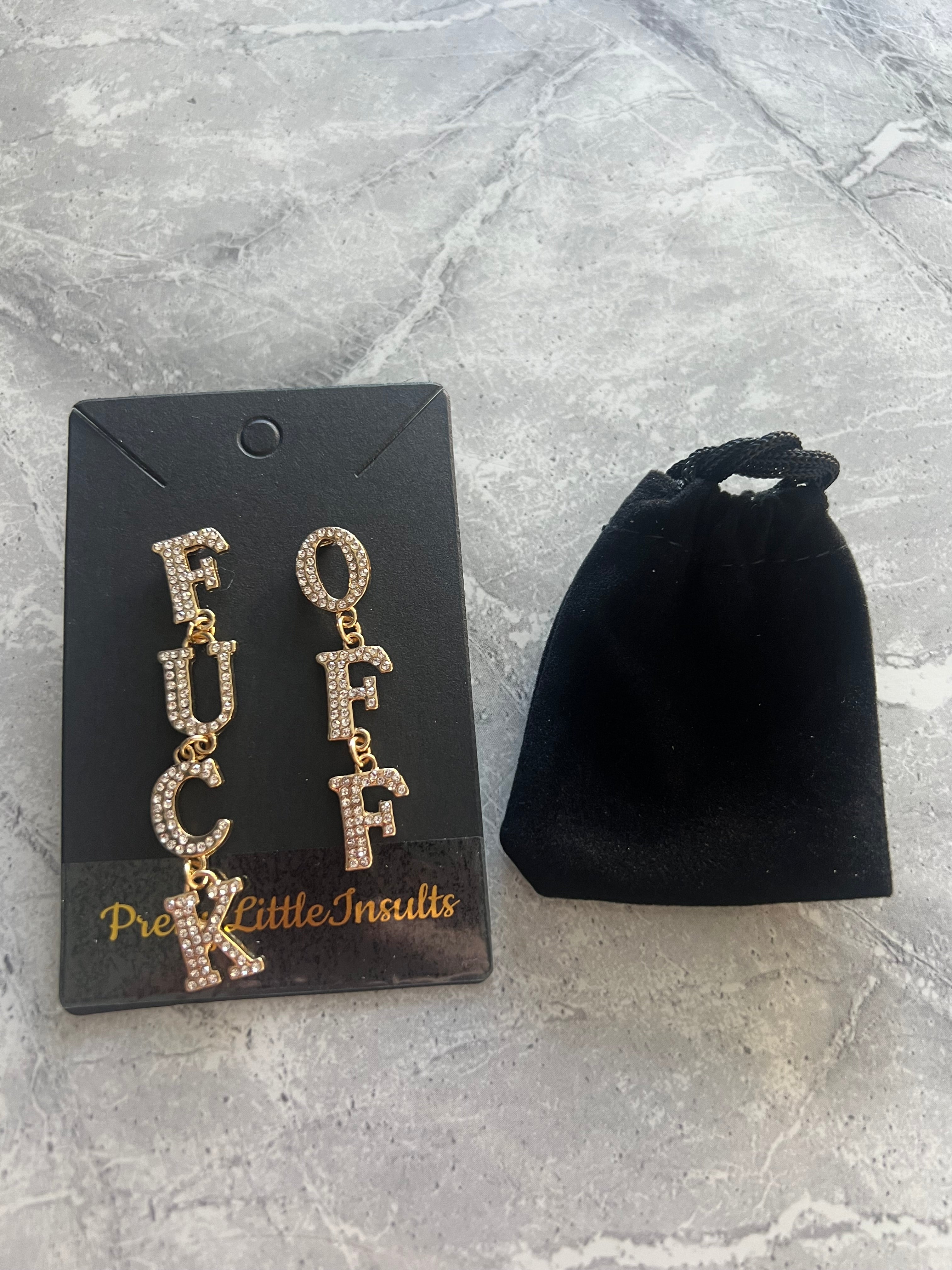 Fuck Off Dangle Diamante Earrings - Gold Style