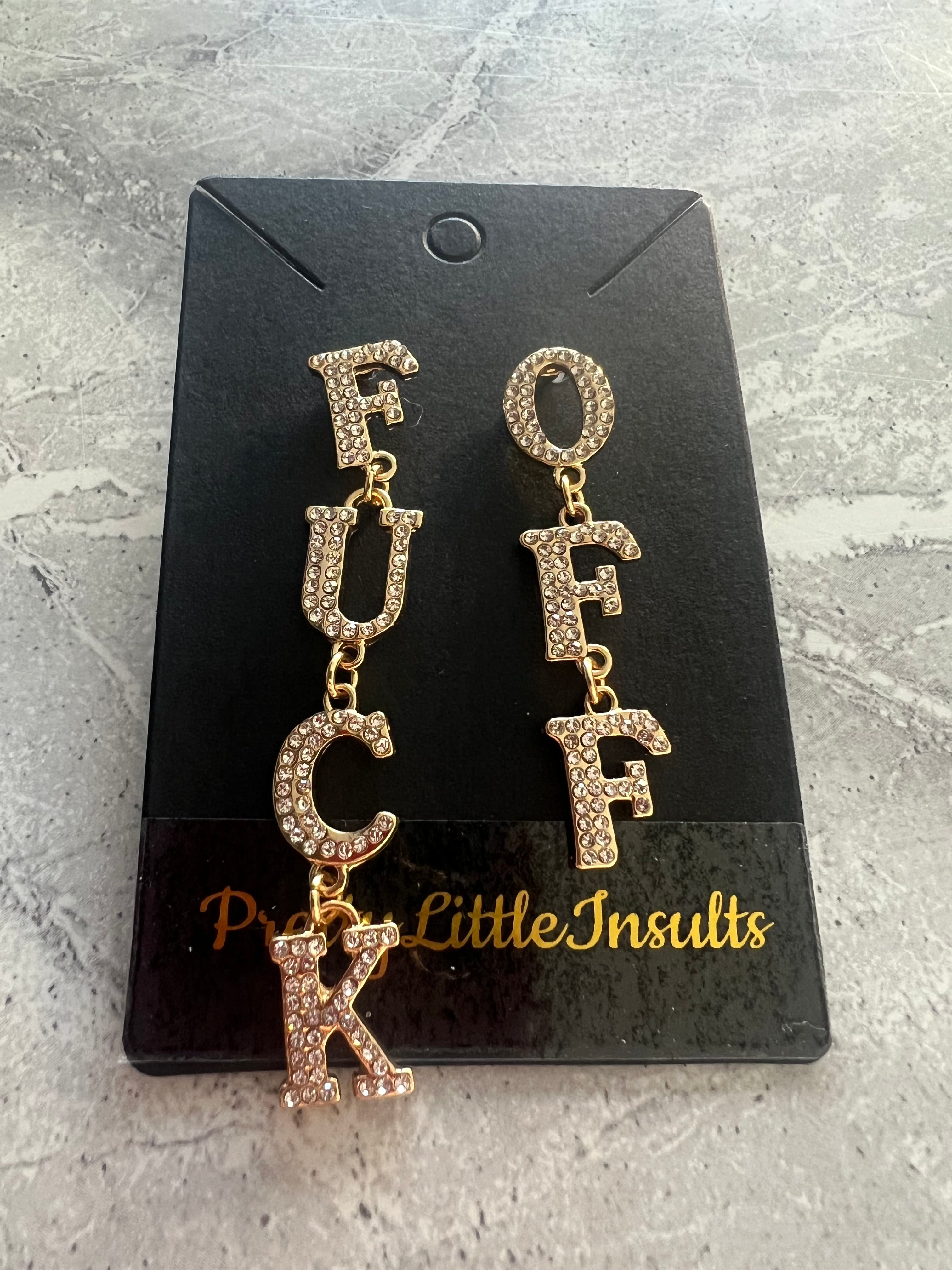 Fuck Off Dangle Diamante Earrings - Gold Style