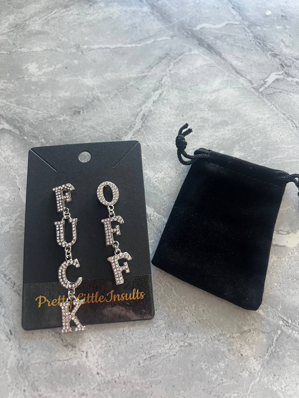 'Fuck Off’ Fun Dangle Diamanté Earrings - Silver Style 1 pair